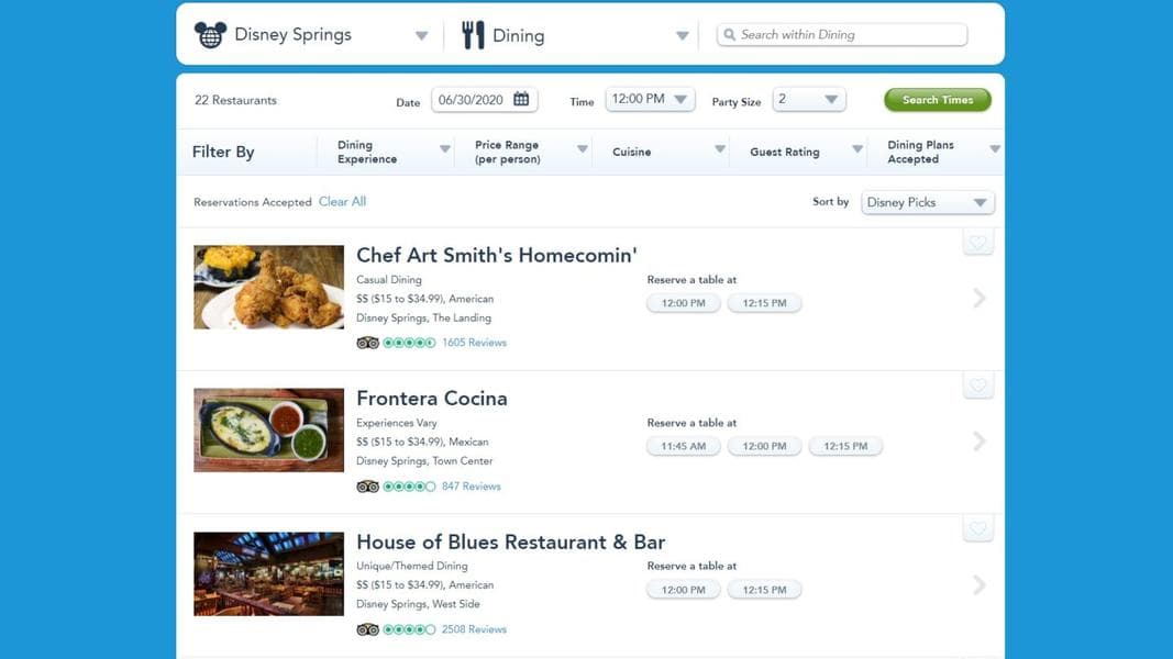 Advanced Reservations Now Available for Select Disney Springs Restaurants Through My Disney Experience