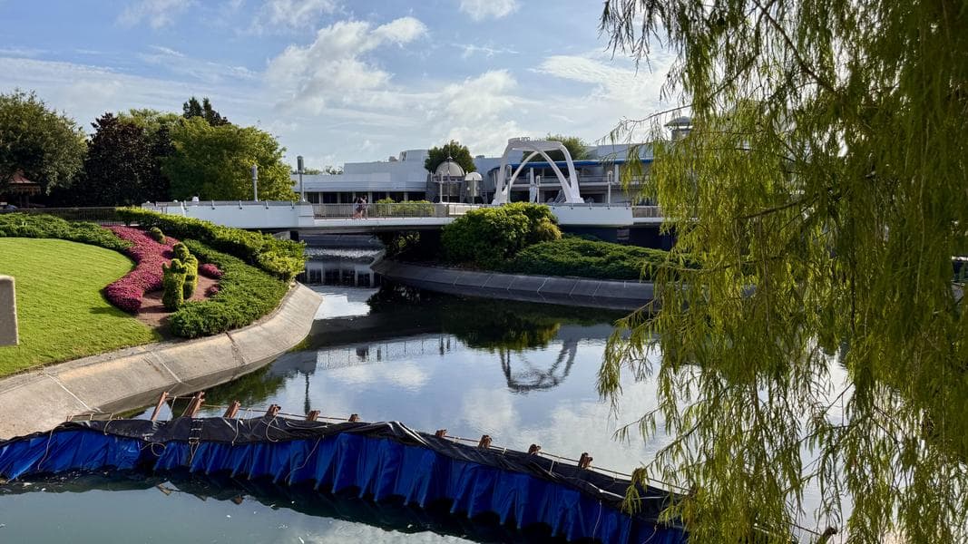 Moat Filling Continues at Cinderella Castle, Tomorrowland Area Shows Significant Progress