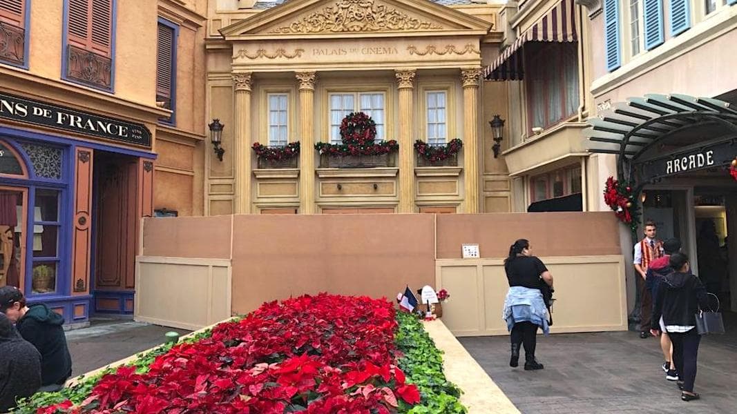 PHOTOS: Construction Walls Up at Palais du Cinema Entrance in the France Pavilion at EPCOT