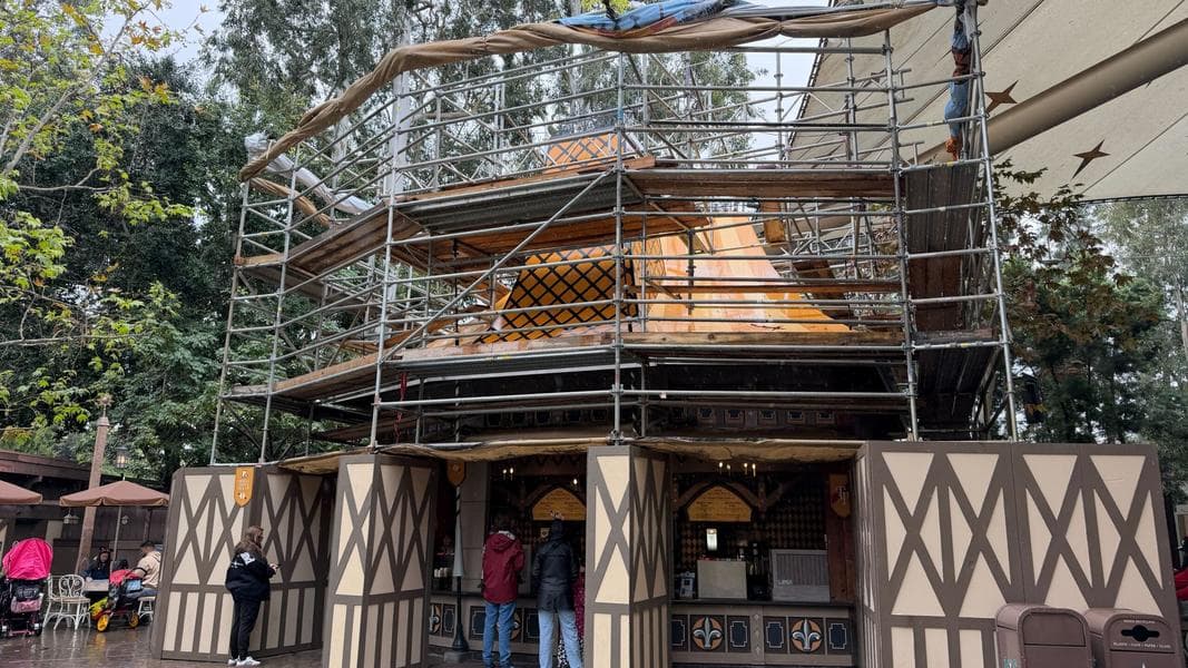 Troubadour Tavern Scaffolding Visible at Disneyland, Showing Refurbishment Progress
