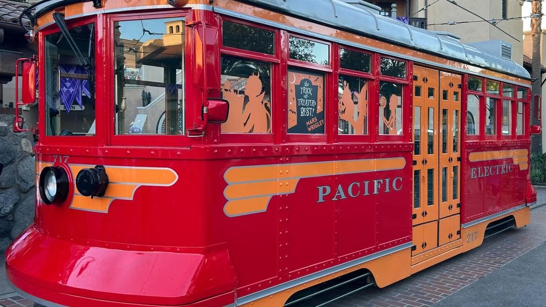 Parked Red Car Trolley Being Used for Candy Ad at Disney California Adventure