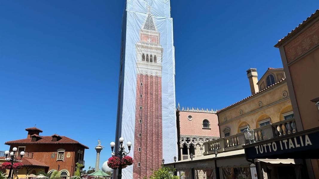 Italy Pavilion Bell Tower Receives Another Panel of ‘Camouflage’ Scrim in EPCOT