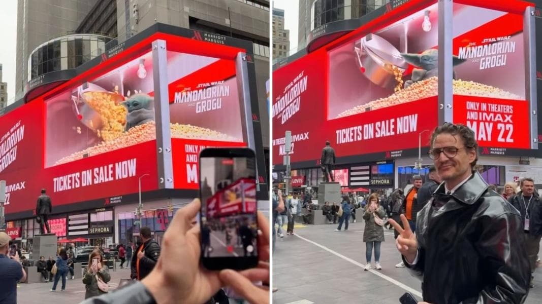 Pedro Pascal Visits ‘The Mandalorian & Grogu’ Popcorn Billboard in Times Square