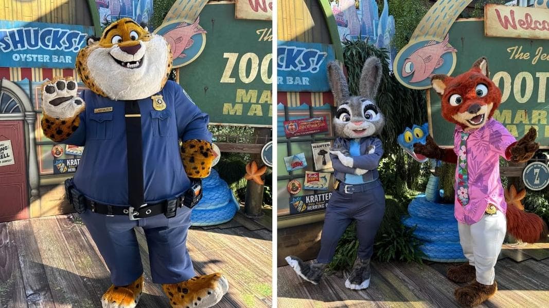 Officer Clawhauser, Judy Hopps, and Nick Wilde Now Appearing at Disneyland Resort