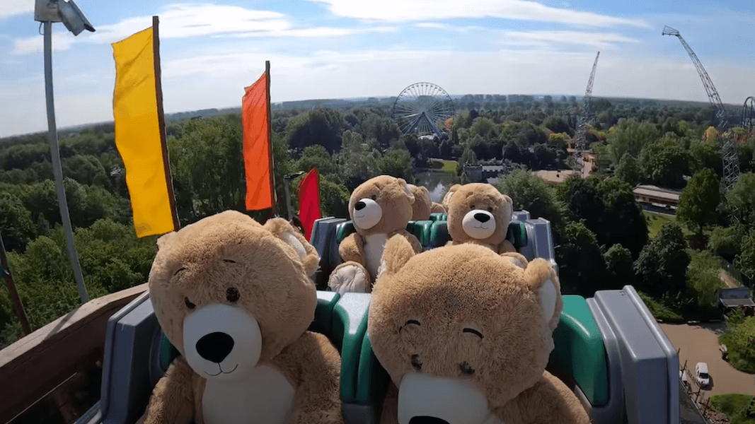 VIDEOS: Giant stuffed animals test ride roller coasters while theme parks are closed