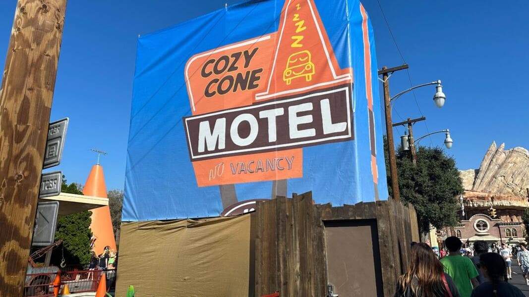 Cozy Cone Motel Sign Under Construction at Cars Land in Disney California Adventure