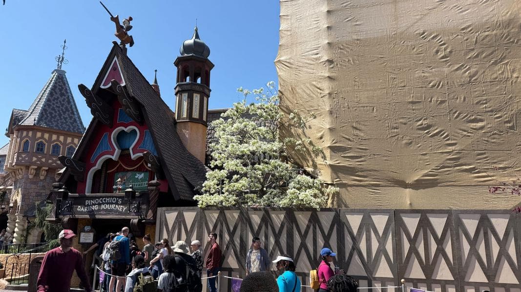 Construction Walls and Scrim Up at Pinocchio’s Daring Journey in Disneyland Park