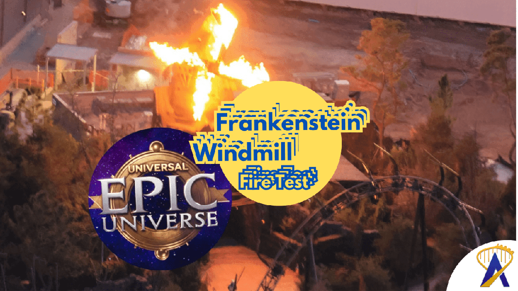Epic Universe construction update: Fire test at ‘Frankenstein windmill’ Burning Blade Tavern in Dark Universe