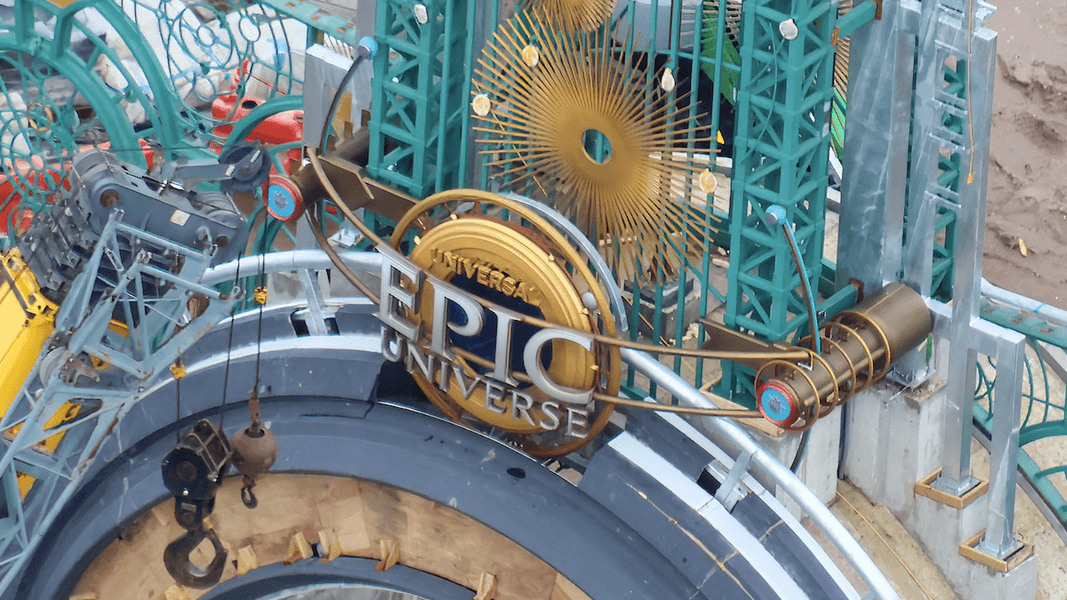 Epic Universe construction update: Entrance sign, Chronos tower
