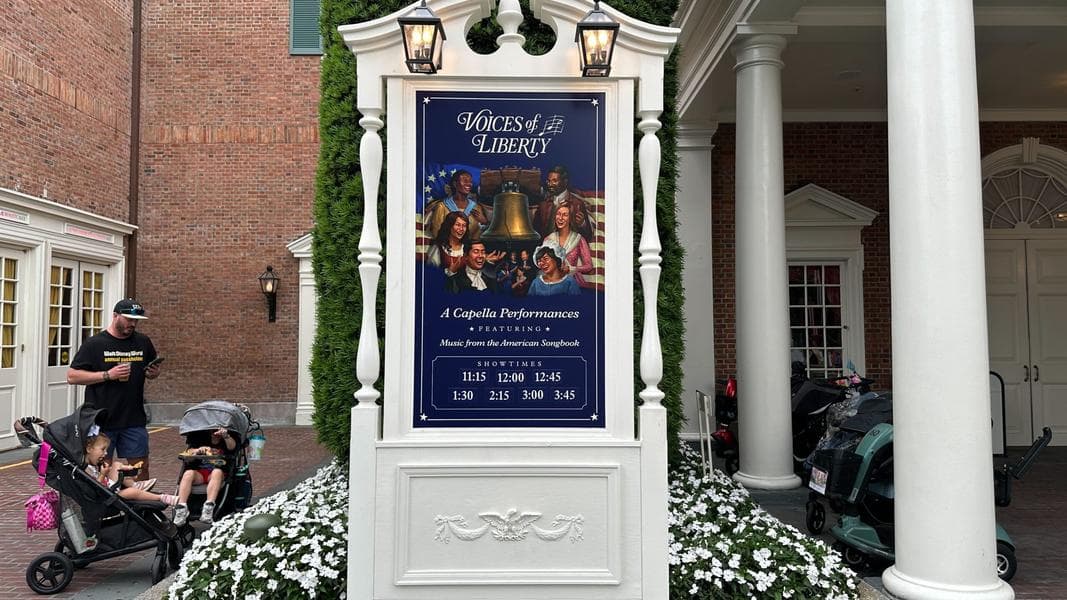 Voices of Liberty Sign with Showtimes Added to American Adventure at EPCOT