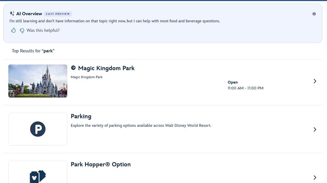Walt Disney World Website Testing AI Overview Function